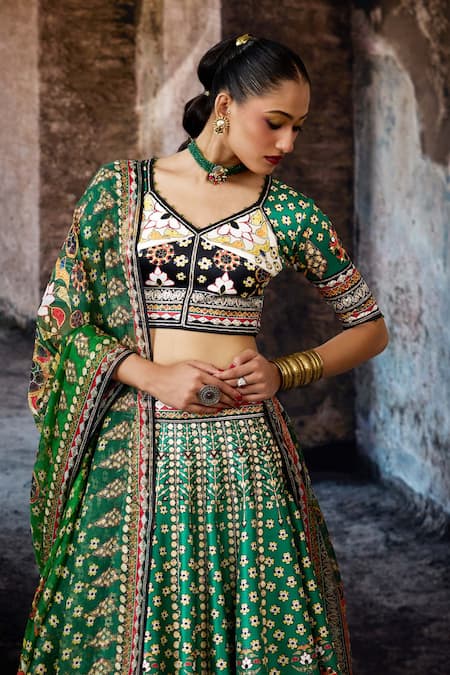 Shop_Rajdeep Ranawat_Green Dupion, Lycra, Kota Doria, Silk Zari, Embroidery Bethari Leela Skirt Set 