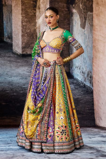 Rajdeep Ranawat_Multi Color Dupion, Lycra, Kota Doria Sequins, Bethari Leela Printed Skirt Set _Online_at_Aza_Fashions