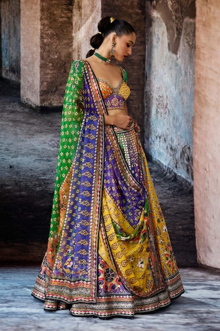 Buy_Rajdeep Ranawat_Multi Color Dupion, Lycra, Kota Doria Sequins, Bethari Leela Printed Skirt Set _Online_at_Aza_Fashions