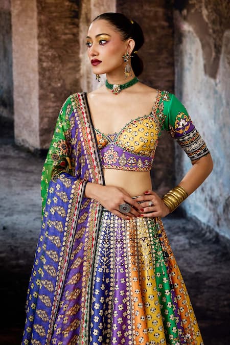 Shop_Rajdeep Ranawat_Multi Color Dupion, Lycra, Kota Doria Sequins, Bethari Leela Printed Skirt Set _Online_at_Aza_Fashions