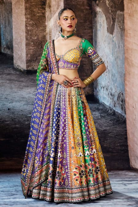 Rajdeep Ranawat_Multi Color Dupion, Lycra, Kota Doria Sequins, Bethari Leela Printed Skirt Set _at_Aza_Fashions