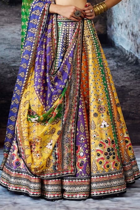 Buy_Rajdeep Ranawat_Multi Color Dupion, Lycra, Kota Doria Sequins, Bethari Leela Printed Skirt Set 