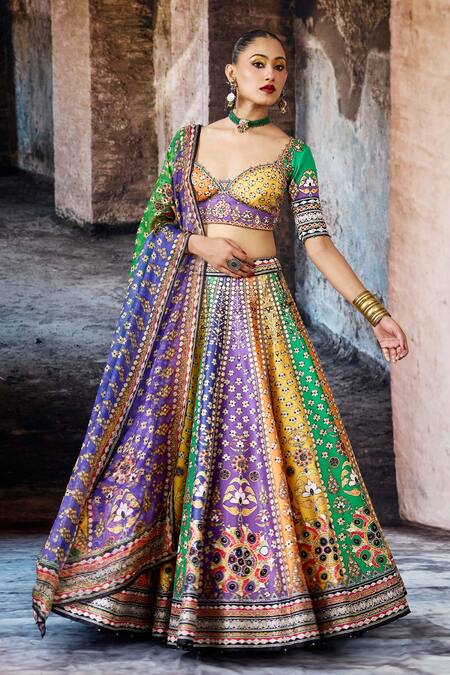 Shop_Rajdeep Ranawat_Multi Color Dupion, Lycra, Kota Doria Sequins, Bethari Leela Printed Skirt Set 