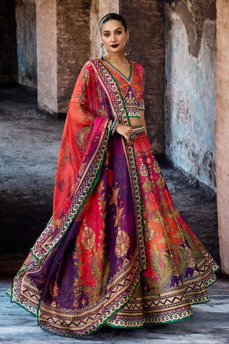 Shop Rajdeep Ranawat Pink Dupion, Kota Doria Bethari Leela Printed Skirt Set Shop_Rajdeep Ranawat_Pink Dupion, Kota Doria Bethari Leela Printed Skirt Set