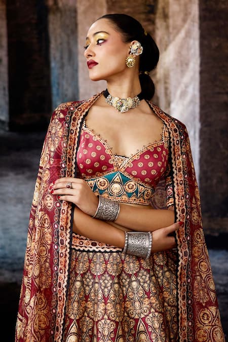 Rajdeep Ranawat Maroon Dupion, Lycra, Kota Doria, Silk Bethari Leela Printed Skirt Set Online at Aza Fashions Rajdeep Ranawat_Maroon Dupion, Lycra, Kota Doria, Silk Bethari Leela Printed Skirt Set _Online_at_Aza_Fashions