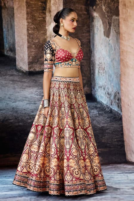 Shop Rajdeep Ranawat Maroon Dupion, Lycra, Kota Doria, Silk Bethari Leela Printed Skirt Set Online at Aza Fashions Shop_Rajdeep Ranawat_Maroon Dupion, Lycra, Kota Doria, Silk Bethari Leela Printed Skirt Set _Online_at_Aza_Fashions