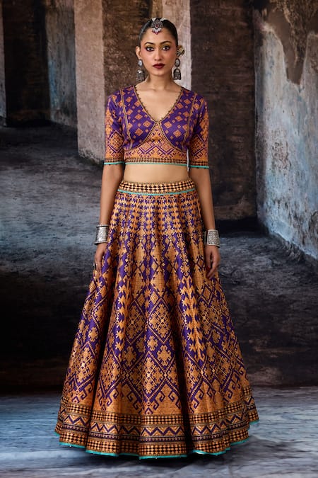 Rajdeep Ranawat_Purple Dupion, Lycra V-neck Bethari Leela Printed Skirt Set _Online_at_Aza_Fashions