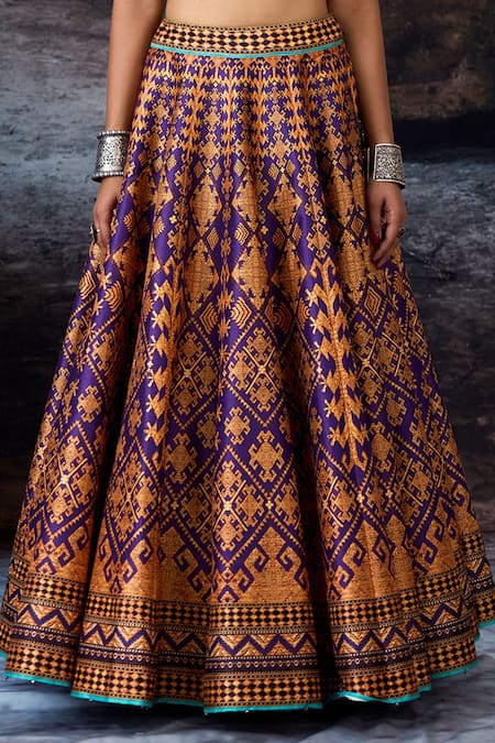 Shop_Rajdeep Ranawat_Purple Dupion, Lycra V-neck Bethari Leela Printed Skirt Set _Online_at_Aza_Fashions