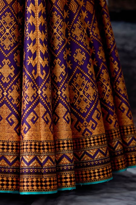 Rajdeep Ranawat_Purple Dupion, Lycra V-neck Bethari Leela Printed Skirt Set _at_Aza_Fashions