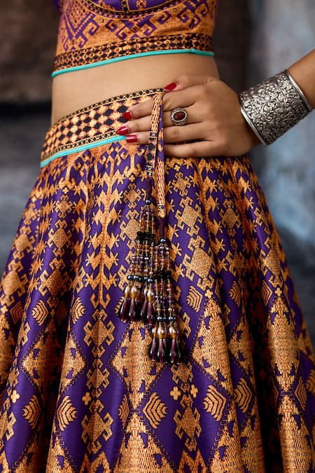 Shop_Rajdeep Ranawat_Purple Dupion, Lycra V-neck Bethari Leela Printed Skirt Set 