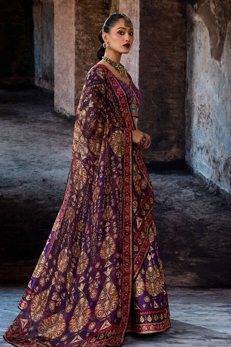 Rajdeep Ranawat Purple Dupion, Lycra, Silk Foil Printing V-neck Bethari Leela Printed Skirt Set Online at Aza Fashions Rajdeep Ranawat_Purple Dupion, Lycra, Silk Foil Printing V-neck Bethari Leela Printed Skirt Set _Online_at_Aza_Fashions