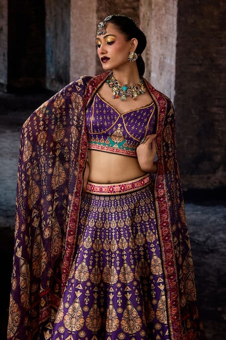 Buy Rajdeep Ranawat Purple Dupion, Lycra, Silk Foil Printing V-neck Bethari Leela Printed Skirt Set Online at Aza Fashions Buy_Rajdeep Ranawat_Purple Dupion, Lycra, Silk Foil Printing V-neck Bethari Leela Printed Skirt Set _Online_at_Aza_Fashions