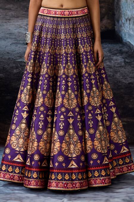 Shop Rajdeep Ranawat Purple Dupion, Lycra, Silk Foil Printing V-neck Bethari Leela Printed Skirt Set Online at Aza Fashions Shop_Rajdeep Ranawat_Purple Dupion, Lycra, Silk Foil Printing V-neck Bethari Leela Printed Skirt Set _Online_at_Aza_Fashions
