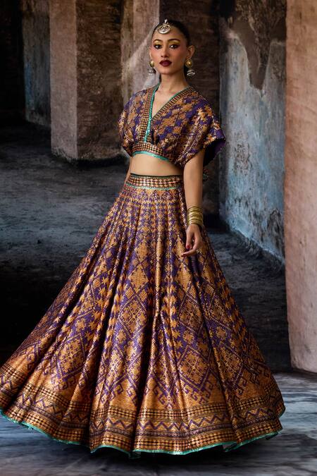 Rajdeep Ranawat_Purple Sequins, Foil Printing V-neck Bethari Neerja Leela Skirt With Top _Online_at_Aza_Fashions