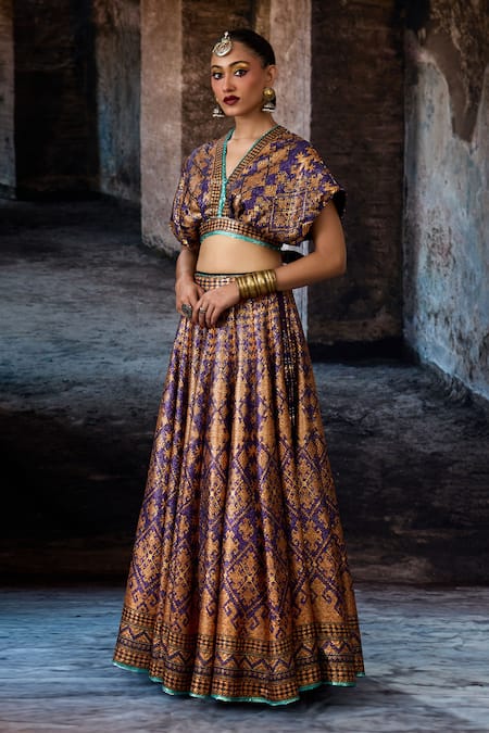 Shop_Rajdeep Ranawat_Purple Sequins, Foil Printing V-neck Bethari Neerja Leela Skirt With Top _Online_at_Aza_Fashions