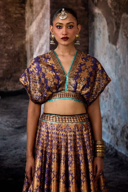 Rajdeep Ranawat_Purple Sequins, Foil Printing V-neck Bethari Neerja Leela Skirt With Top _at_Aza_Fashions