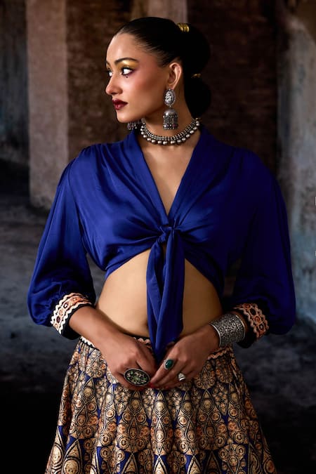 Rajdeep Ranawat_Navy Dupion, Modal, Satin Foil Printing Bethari Rubali Leela Skirt With Top _Online_at_Aza_Fashions