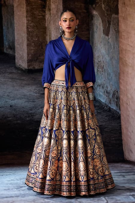 Buy_Rajdeep Ranawat_Navy Dupion, Modal, Satin Foil Printing Bethari Rubali Leela Skirt With Top _Online_at_Aza_Fashions