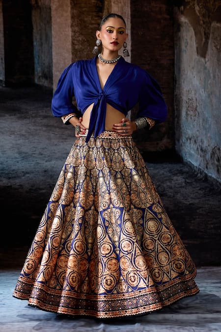 Shop_Rajdeep Ranawat_Navy Dupion, Modal, Satin Foil Printing Bethari Rubali Leela Skirt With Top _Online_at_Aza_Fashions