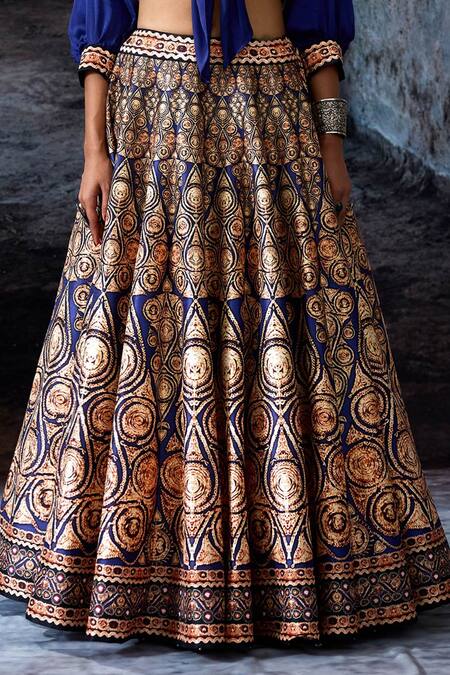 Rajdeep Ranawat_Navy Dupion, Modal, Satin Foil Printing Bethari Rubali Leela Skirt With Top _at_Aza_Fashions