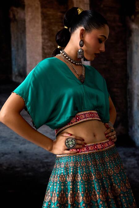 Rajdeep Ranawat_Green Polyurethane, Satin, Modal Embroidery Bethari Neerja Leela Skirt With Top _Online_at_Aza_Fashions