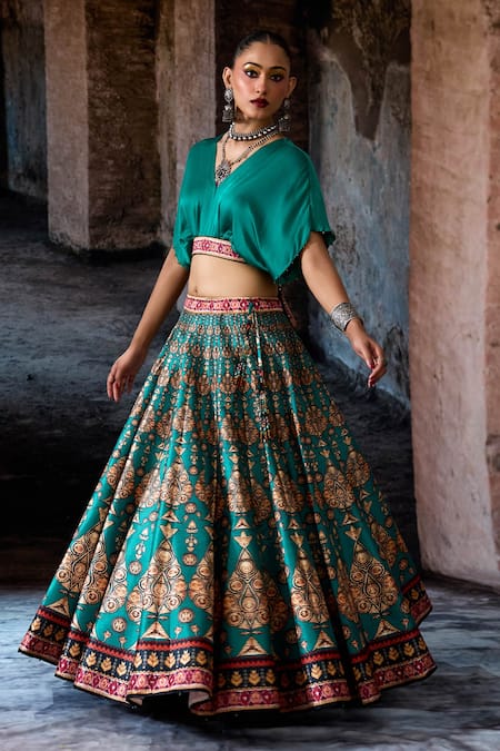 Buy_Rajdeep Ranawat_Green Polyurethane, Satin, Modal Embroidery Bethari Neerja Leela Skirt With Top _Online_at_Aza_Fashions
