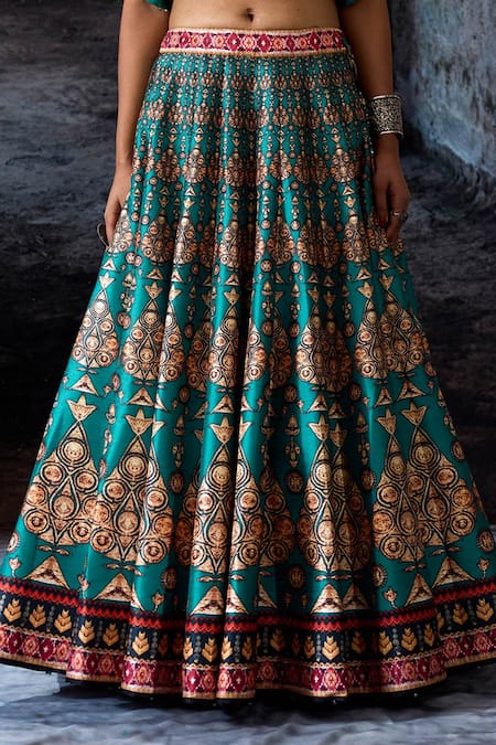 Shop_Rajdeep Ranawat_Green Polyurethane, Satin, Modal Embroidery Bethari Neerja Leela Skirt With Top _Online_at_Aza_Fashions