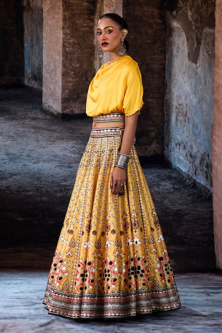 Rajdeep Ranawat_Yellow Dupion, Modal, Satin Mirrors, Zari Bethari Varsha Leela Skirt With Top _Online_at_Aza_Fashions