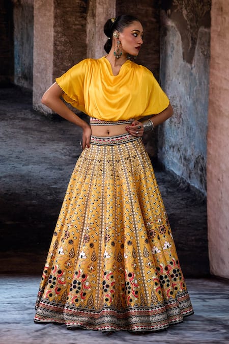 Buy_Rajdeep Ranawat_Yellow Dupion, Modal, Satin Mirrors, Zari Bethari Varsha Leela Skirt With Top _Online_at_Aza_Fashions
