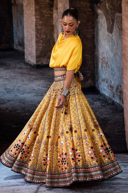 Shop_Rajdeep Ranawat_Yellow Dupion, Modal, Satin Mirrors, Zari Bethari Varsha Leela Skirt With Top _Online_at_Aza_Fashions