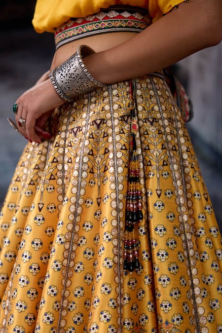 Rajdeep Ranawat_Yellow Dupion, Modal, Satin Mirrors, Zari Bethari Varsha Leela Skirt With Top _at_Aza_Fashions