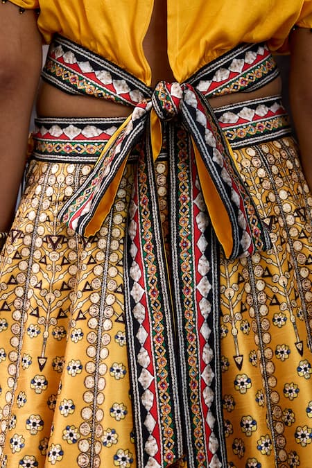 Shop_Rajdeep Ranawat_Yellow Dupion, Modal, Satin Mirrors, Zari Bethari Varsha Leela Skirt With Top 