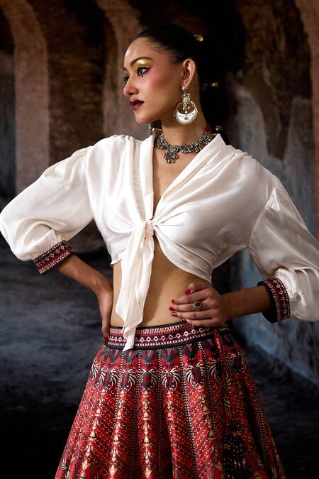 Buy_Rajdeep Ranawat_Red Dupion, Polyester Embroidery V-neck Bethari Rubali Leela Skirt With Top _Online_at_Aza_Fashions