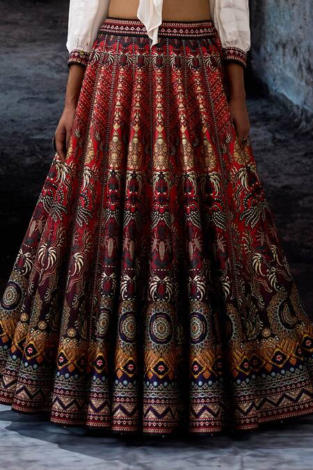 Shop_Rajdeep Ranawat_Red Dupion, Polyester Embroidery V-neck Bethari Rubali Leela Skirt With Top _Online_at_Aza_Fashions