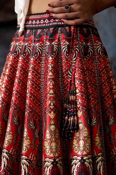 Rajdeep Ranawat_Red Dupion, Polyester Embroidery V-neck Bethari Rubali Leela Skirt With Top _at_Aza_Fashions
