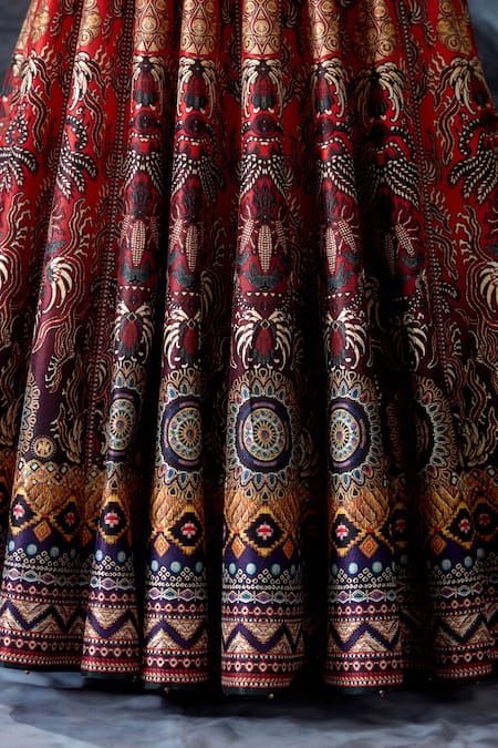 Buy_Rajdeep Ranawat_Red Dupion, Polyester Embroidery V-neck Bethari Rubali Leela Skirt With Top 