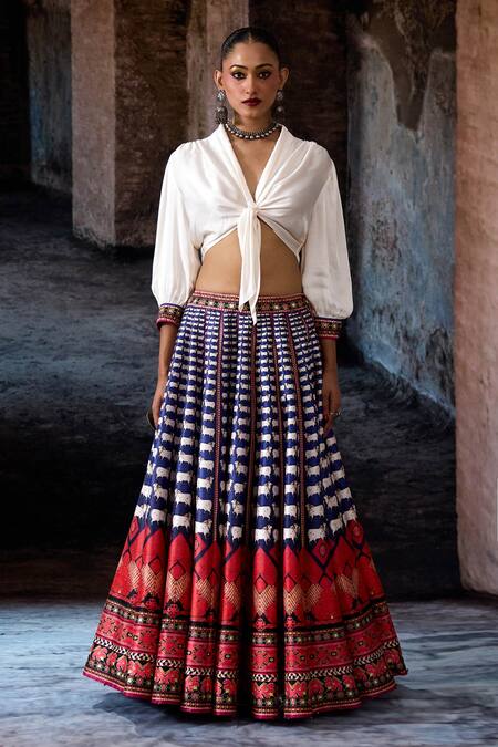 Rajdeep Ranawat_Navy Dupion, Modal, Satin Embroidery V-neck Bethari Rubali Leela Skirt With Top _Online_at_Aza_Fashions