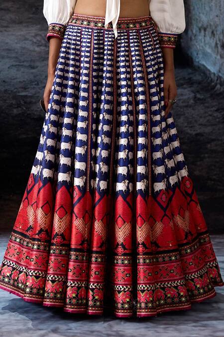 Shop_Rajdeep Ranawat_Navy Dupion, Modal, Satin Embroidery V-neck Bethari Rubali Leela Skirt With Top _Online_at_Aza_Fashions