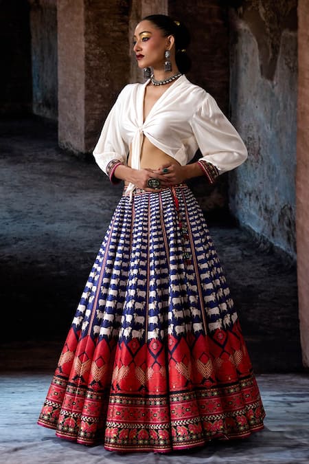 Rajdeep Ranawat_Navy Dupion, Modal, Satin Embroidery V-neck Bethari Rubali Leela Skirt With Top _at_Aza_Fashions