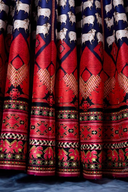 Buy_Rajdeep Ranawat_Navy Dupion, Modal, Satin Embroidery V-neck Bethari Rubali Leela Skirt With Top 