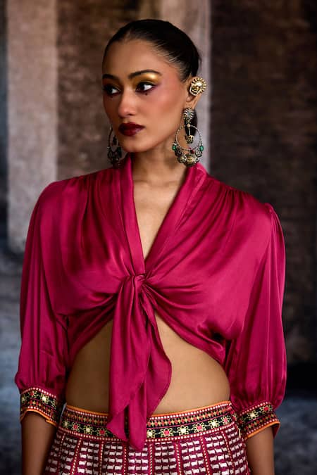 Buy_Rajdeep Ranawat_Fuchsia Dupion, Modal, Satin Tassels, Bethari Rubali Leela Skirt With Top _Online_at_Aza_Fashions