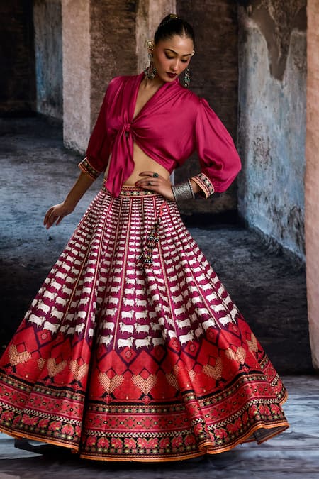 Shop_Rajdeep Ranawat_Fuchsia Dupion, Modal, Satin Tassels, Bethari Rubali Leela Skirt With Top 