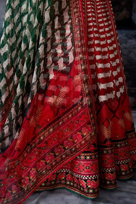 Rajdeep Ranawat_Red Dupion, Lycra, Chiffon Embroidery, Foil Bethari Leela Printed Skirt Set _Online_at_Aza_Fashions