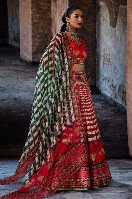 Buy_Rajdeep Ranawat_Red Dupion, Lycra, Chiffon Embroidery, Foil Bethari Leela Printed Skirt Set _Online_at_Aza_Fashions