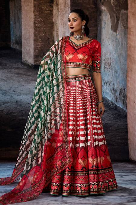 Shop_Rajdeep Ranawat_Red Dupion, Lycra, Chiffon Embroidery, Foil Bethari Leela Printed Skirt Set _Online_at_Aza_Fashions