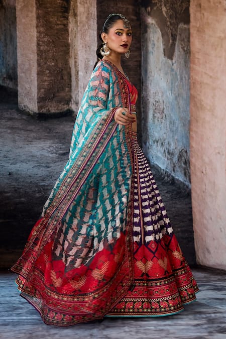 Rajdeep Ranawat_Red Dupion, Lycra, Chiffon Tassels V-neck Bethari Leela Printed Skirt Set _Online_at_Aza_Fashions