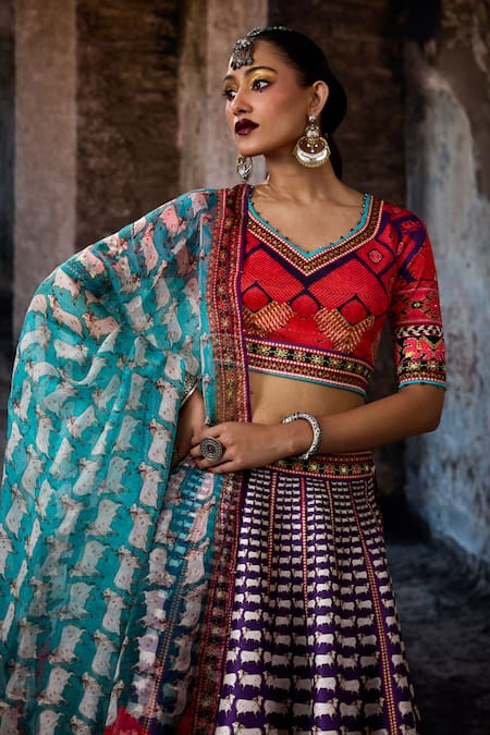 Shop_Rajdeep Ranawat_Red Dupion, Lycra, Chiffon Tassels V-neck Bethari Leela Printed Skirt Set _Online_at_Aza_Fashions