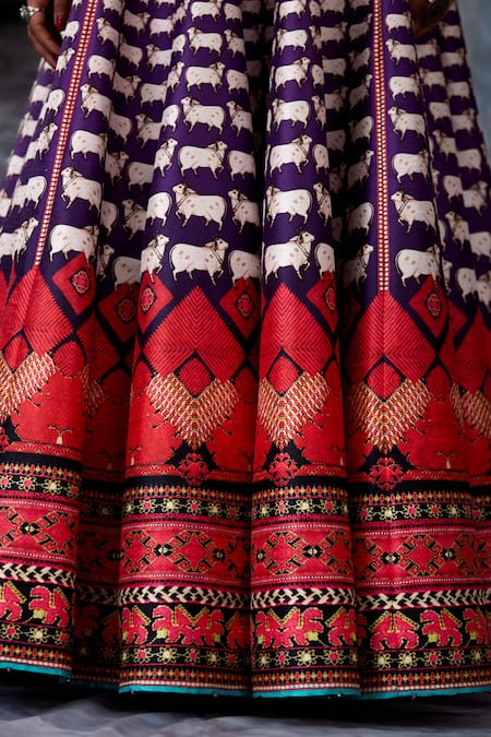 Rajdeep Ranawat_Red Dupion, Lycra, Chiffon Tassels V-neck Bethari Leela Printed Skirt Set _at_Aza_Fashions