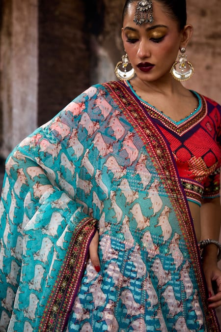 Shop_Rajdeep Ranawat_Red Dupion, Lycra, Chiffon Tassels V-neck Bethari Leela Printed Skirt Set 