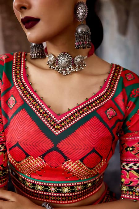 Buy_Rajdeep Ranawat_Multi Color Dupion, Lycra, Chiffon Sequins, Bethari Leela Printed Skirt Set _Online_at_Aza_Fashions